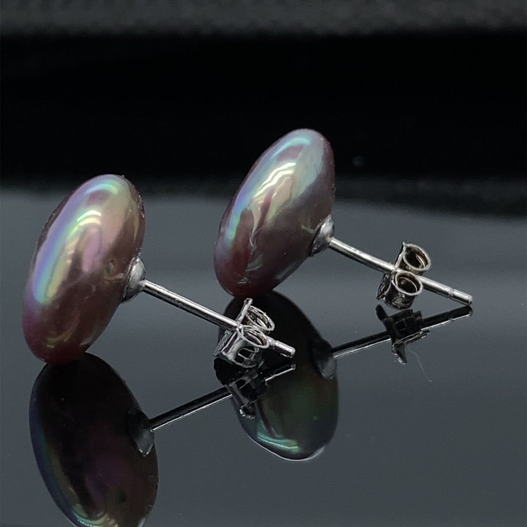 Mauve-y Green Freshwater Coin Pearl Stud Earrings