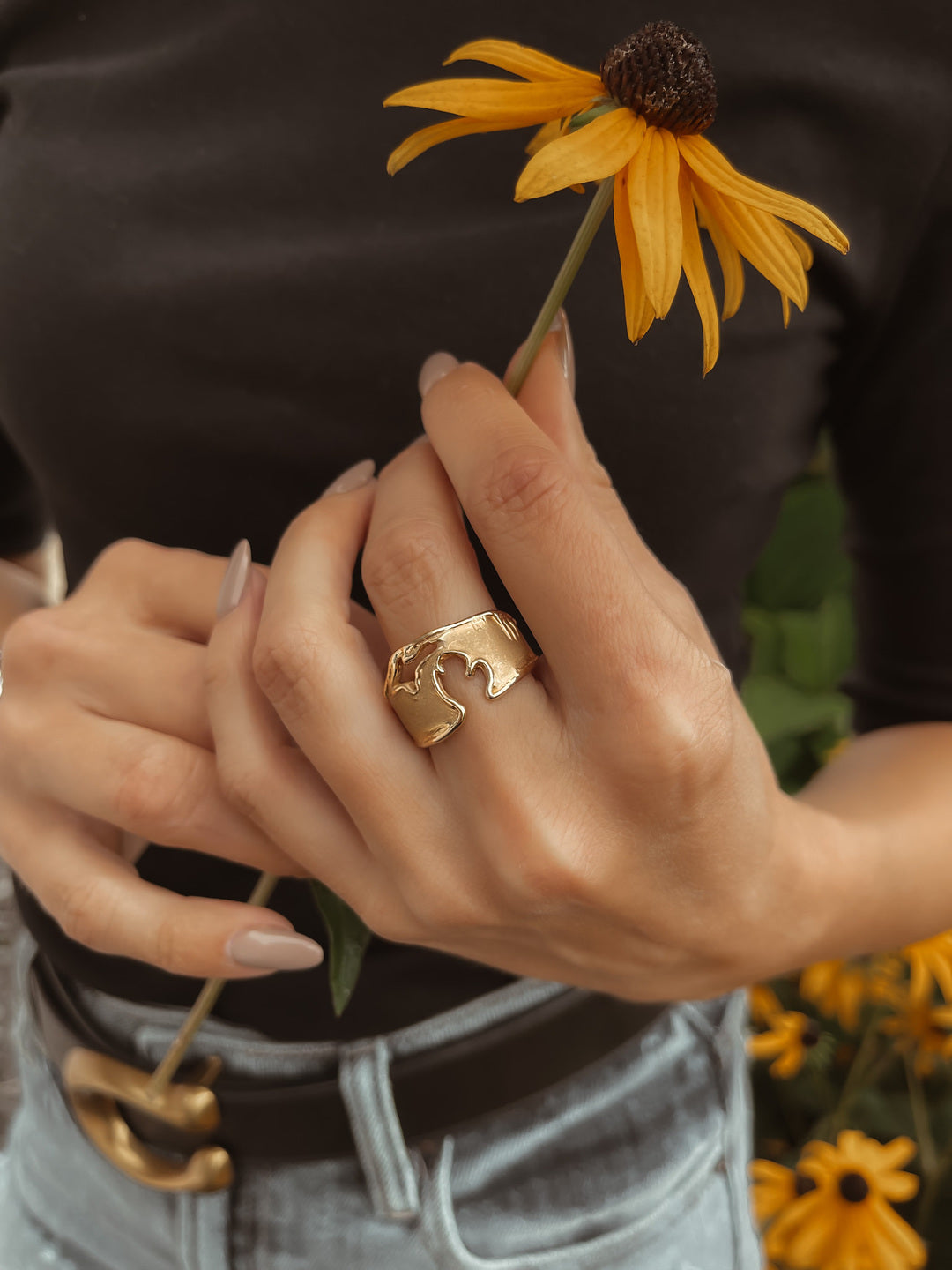 Rustic Michigan Coastline Ring in Yellow Gold