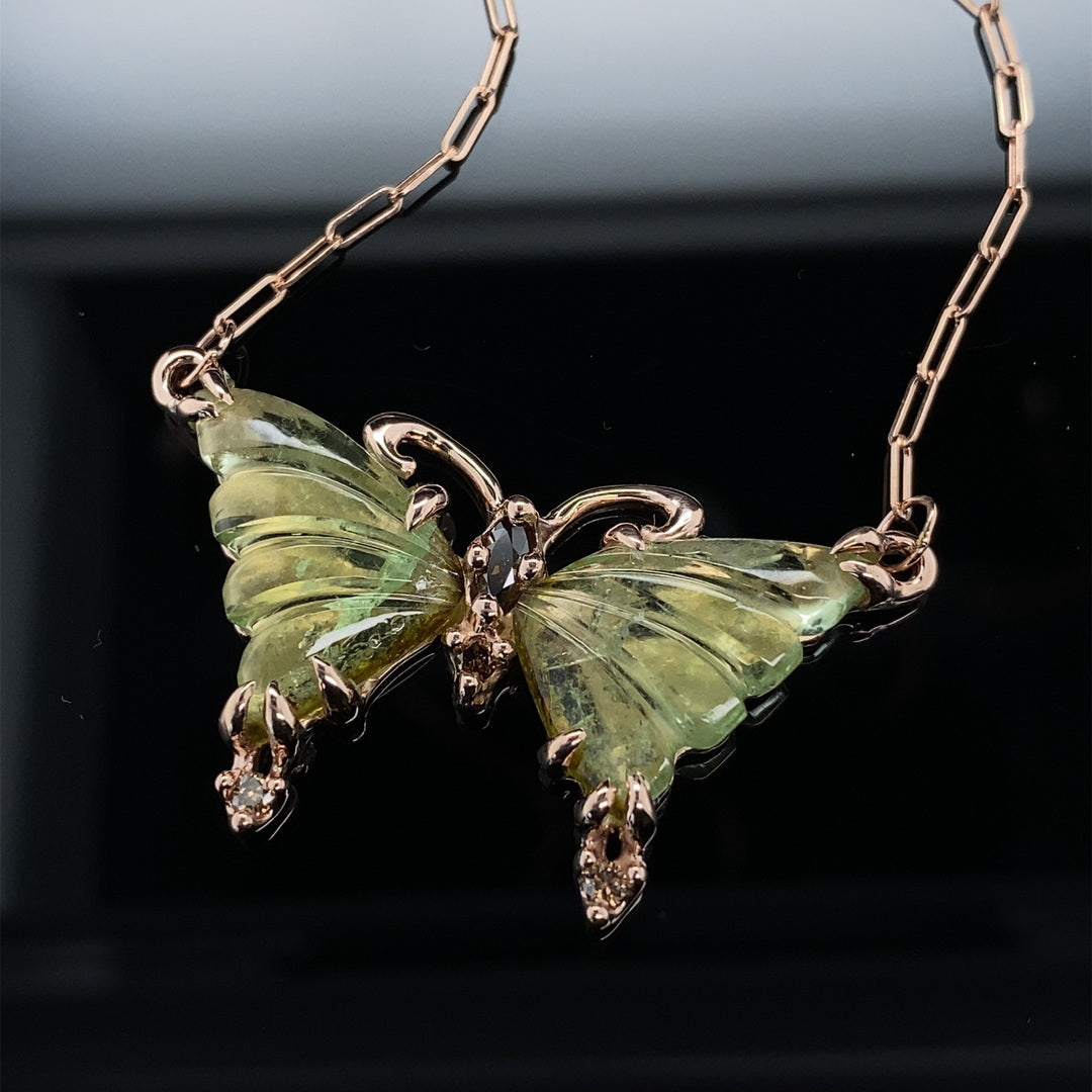 Summer Green Butterfly Necklace Tourmaline and Diamond 14KR
