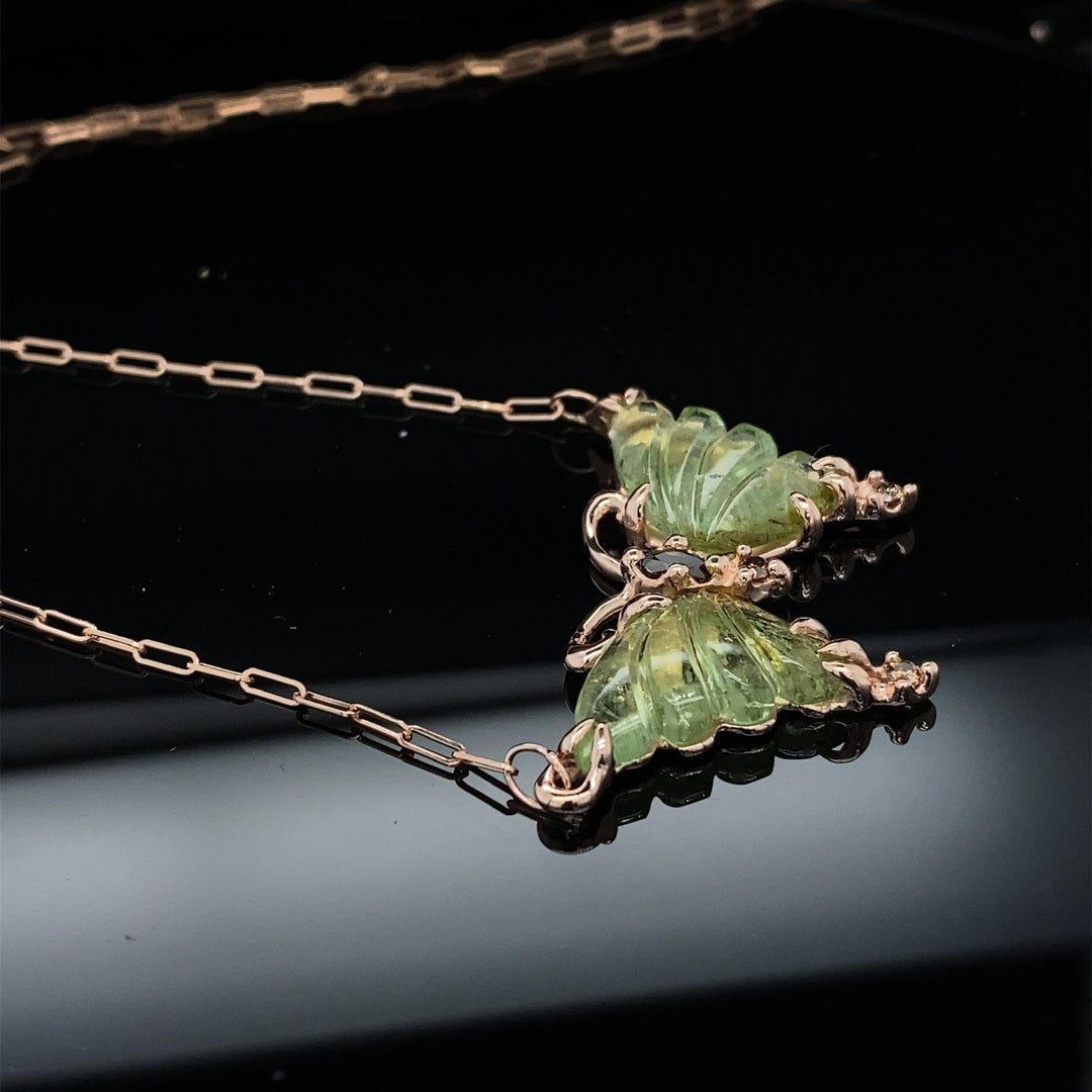 Summer Green Butterfly Necklace Tourmaline and Diamond 14KR