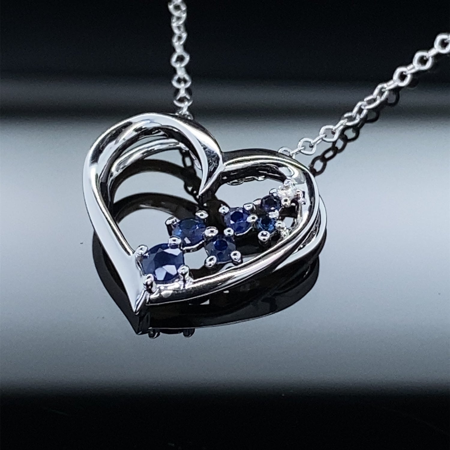 Scattered Blue Sapphire Floating Heart Necklace