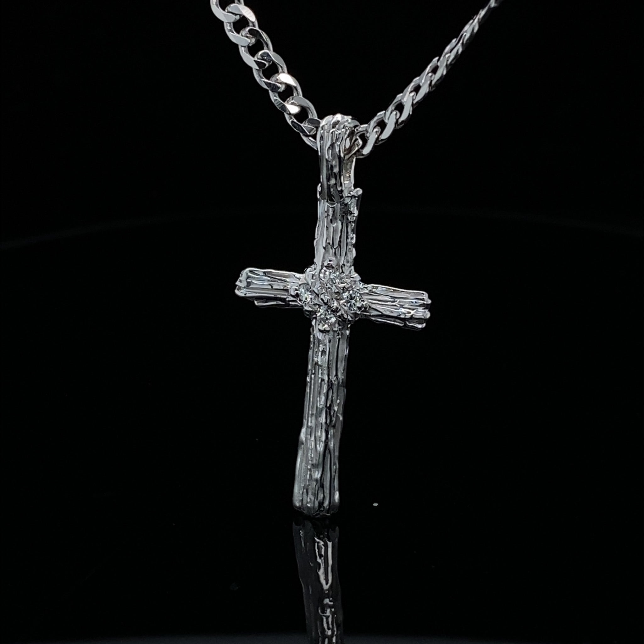 Diamond Driftwood Cross Necklace in 14k White Gold
