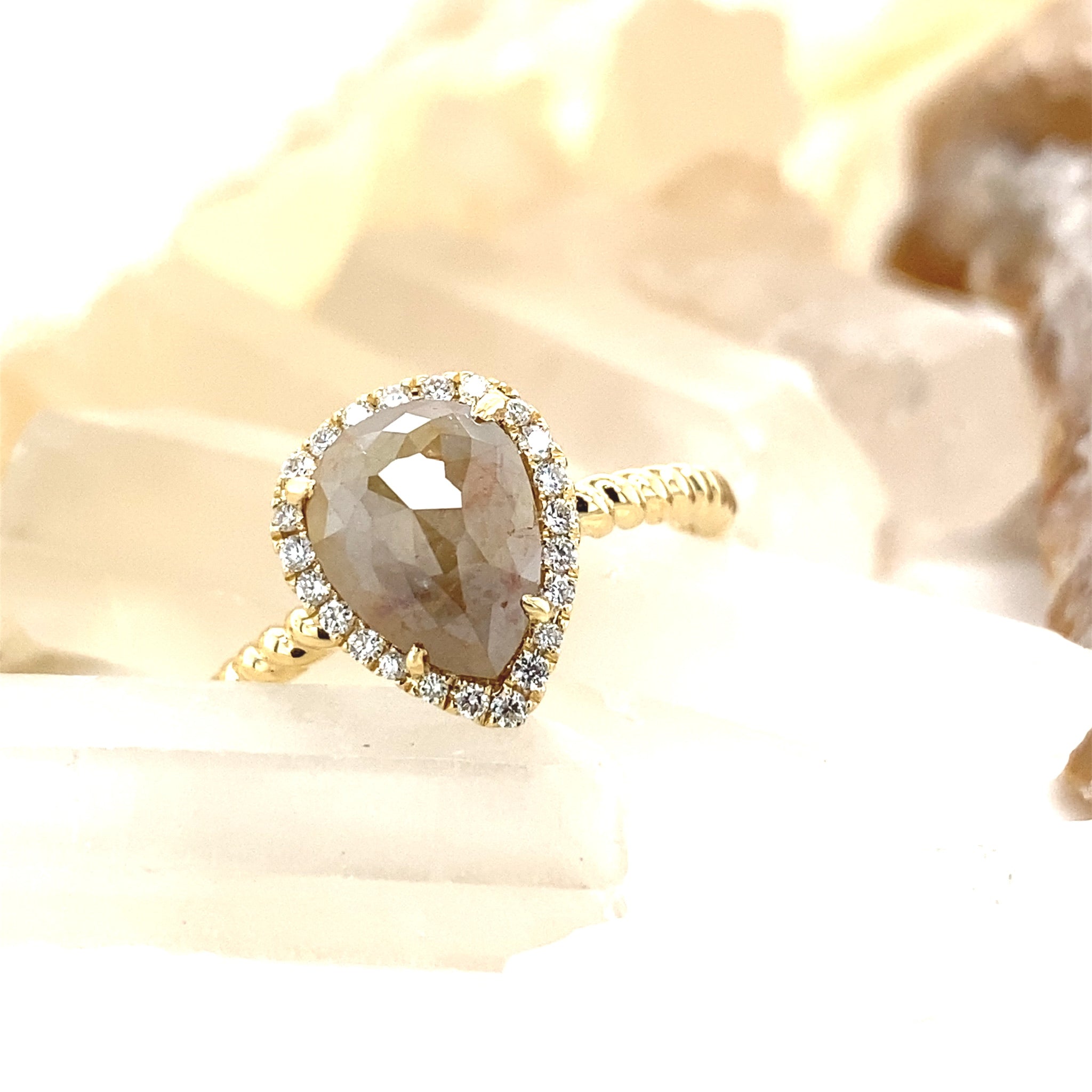 1.88ct Silvery Butterscotch Rough Rose Cut Pear Diamond Halo Engagement Ring 14k Yellow Gold