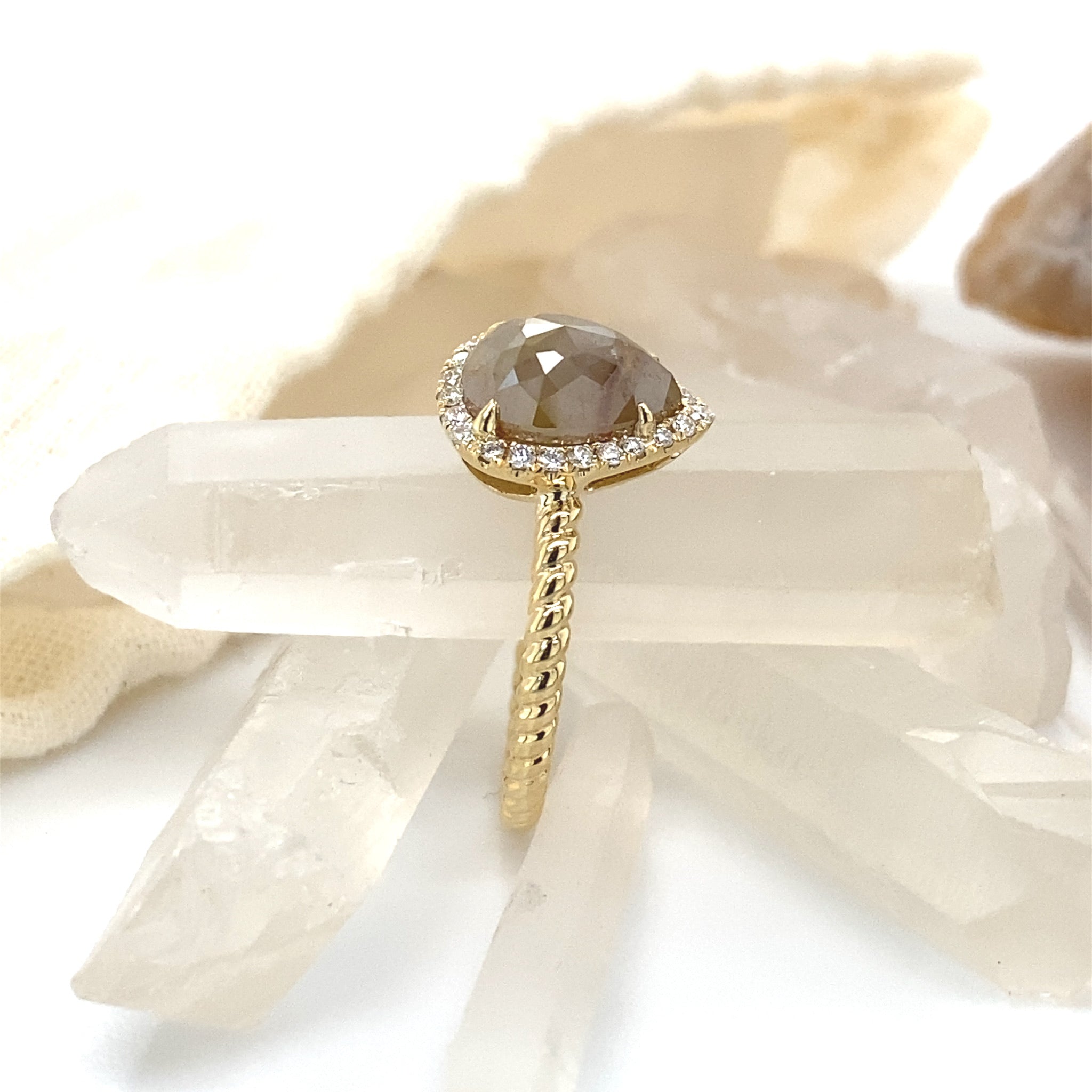 1.88ct Silvery Butterscotch Rough Rose Cut Pear Diamond Halo Engagement Ring 14k Yellow Gold