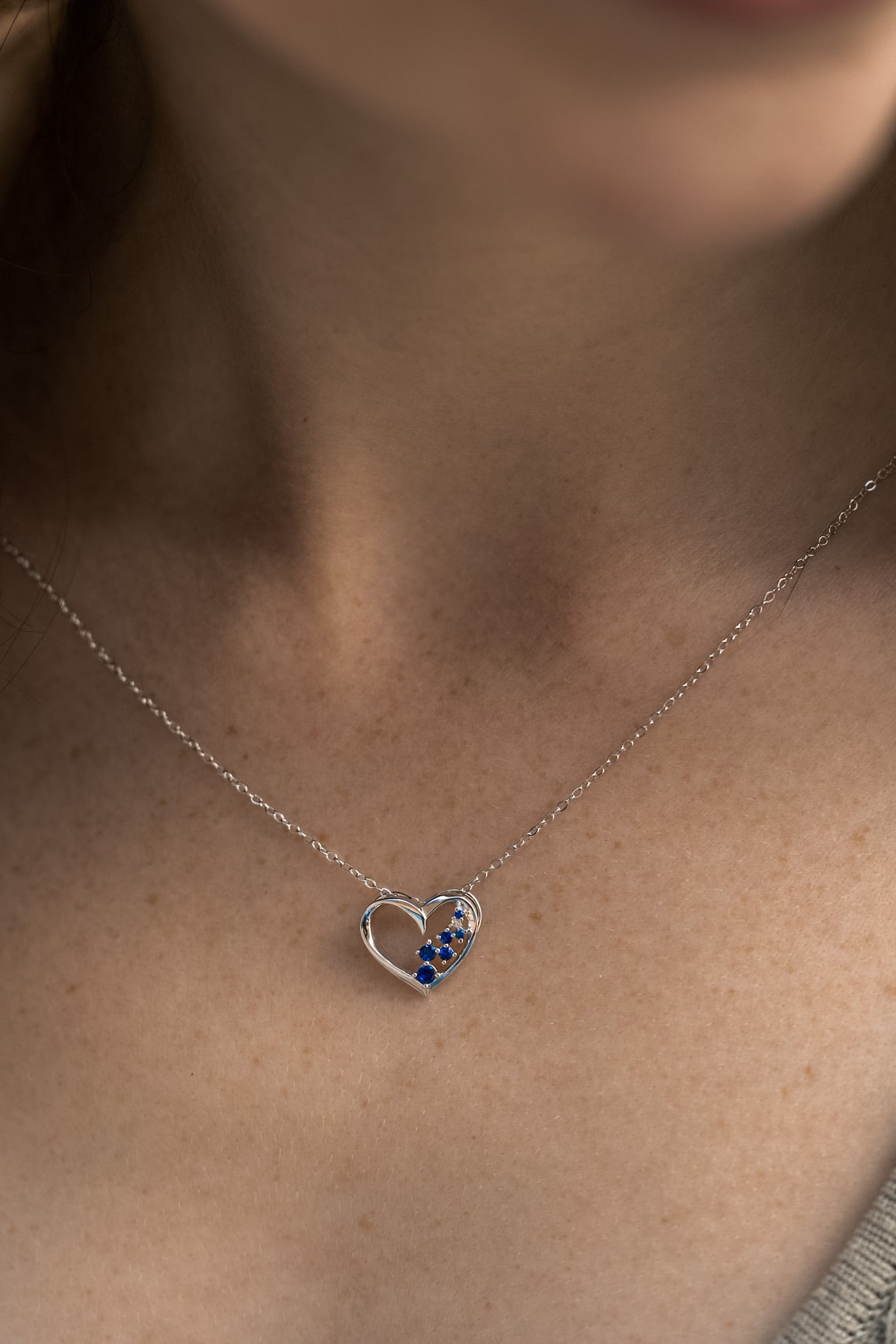 Scattered Blue Sapphire Floating Heart Necklace