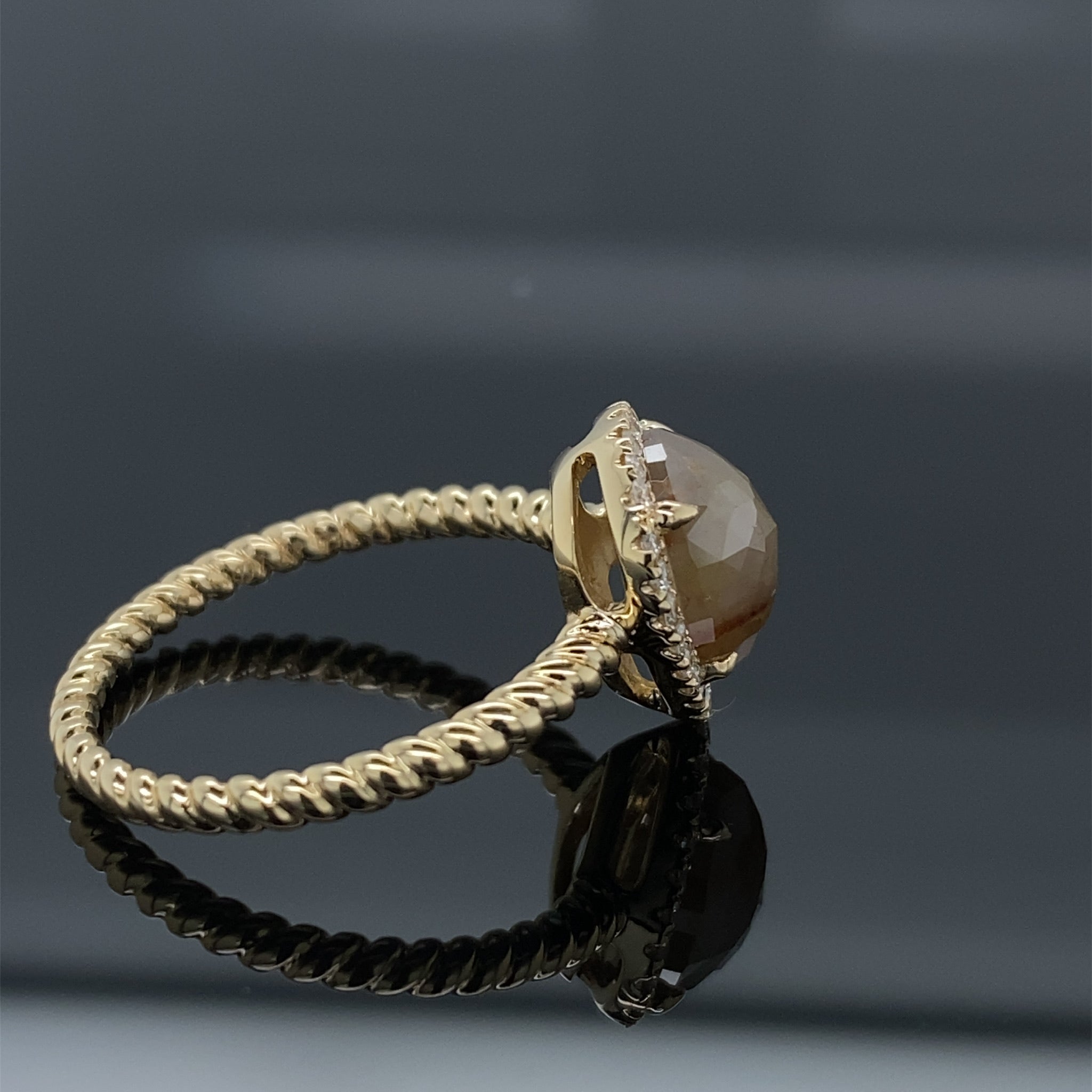 1.88ct Silvery Butterscotch Rough Rose Cut Pear Diamond Halo Engagement Ring 14k Yellow Gold