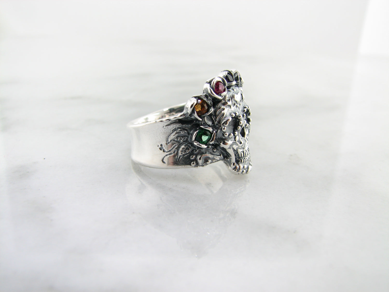 Silver Multi Gemstone Ring, Sugar Skull Calavera Crown