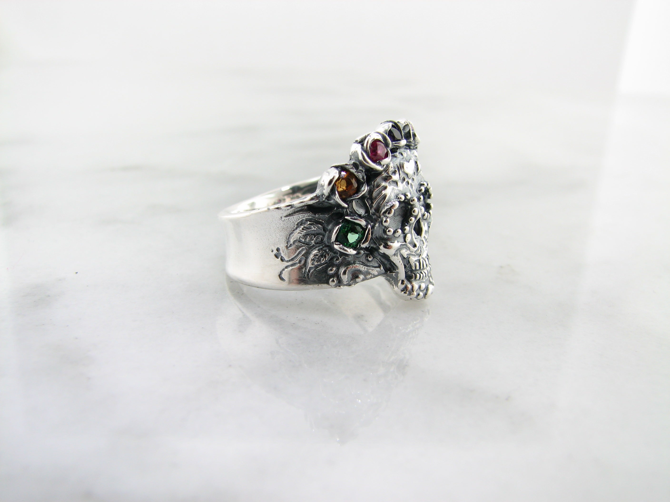 Silver Multi Gemstone Ring, Sugar Skull Calavera Crown