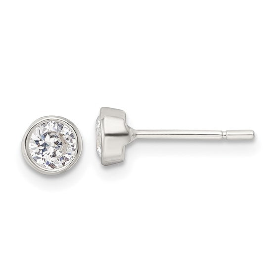 Silver 4mm Round Bezel Set CZ Earrings