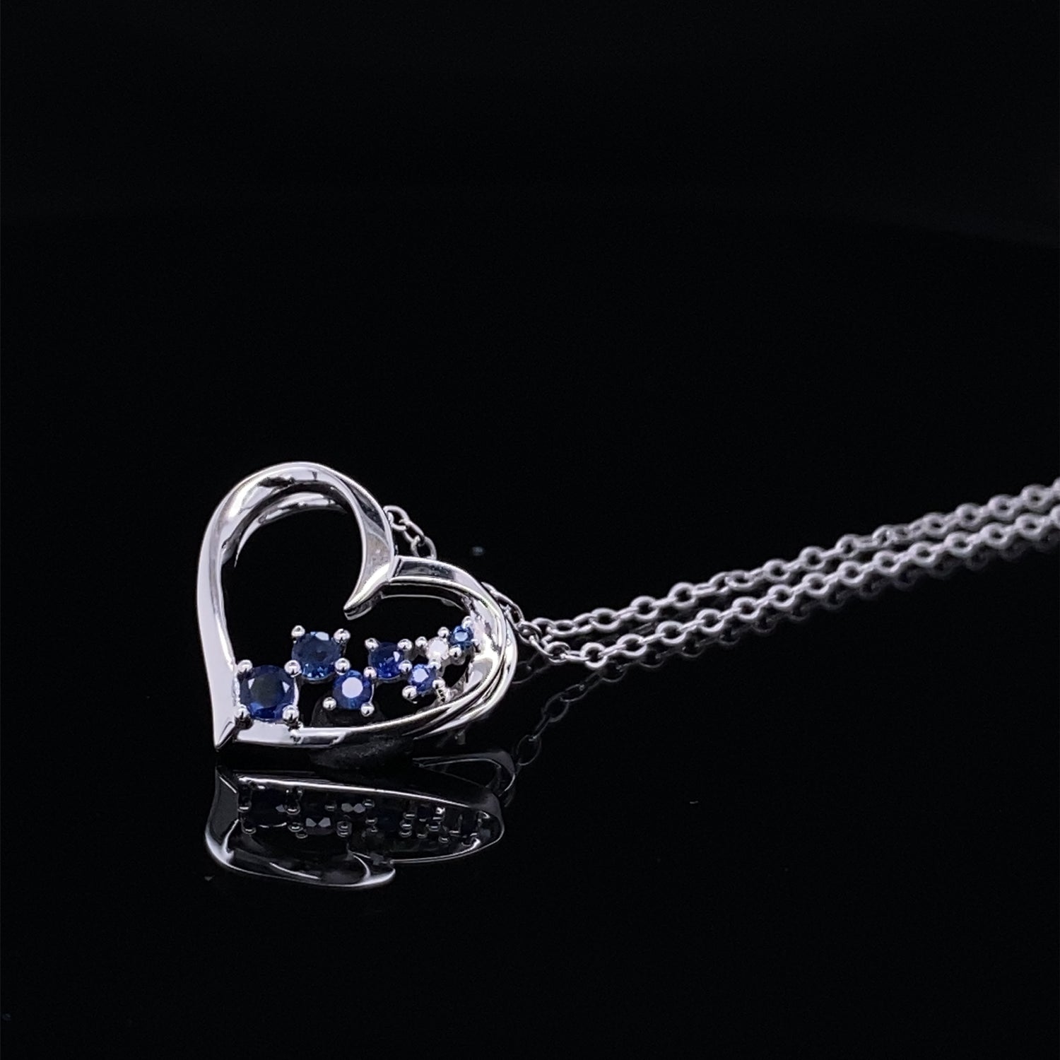 Scattered Blue Sapphire Floating Heart Necklace