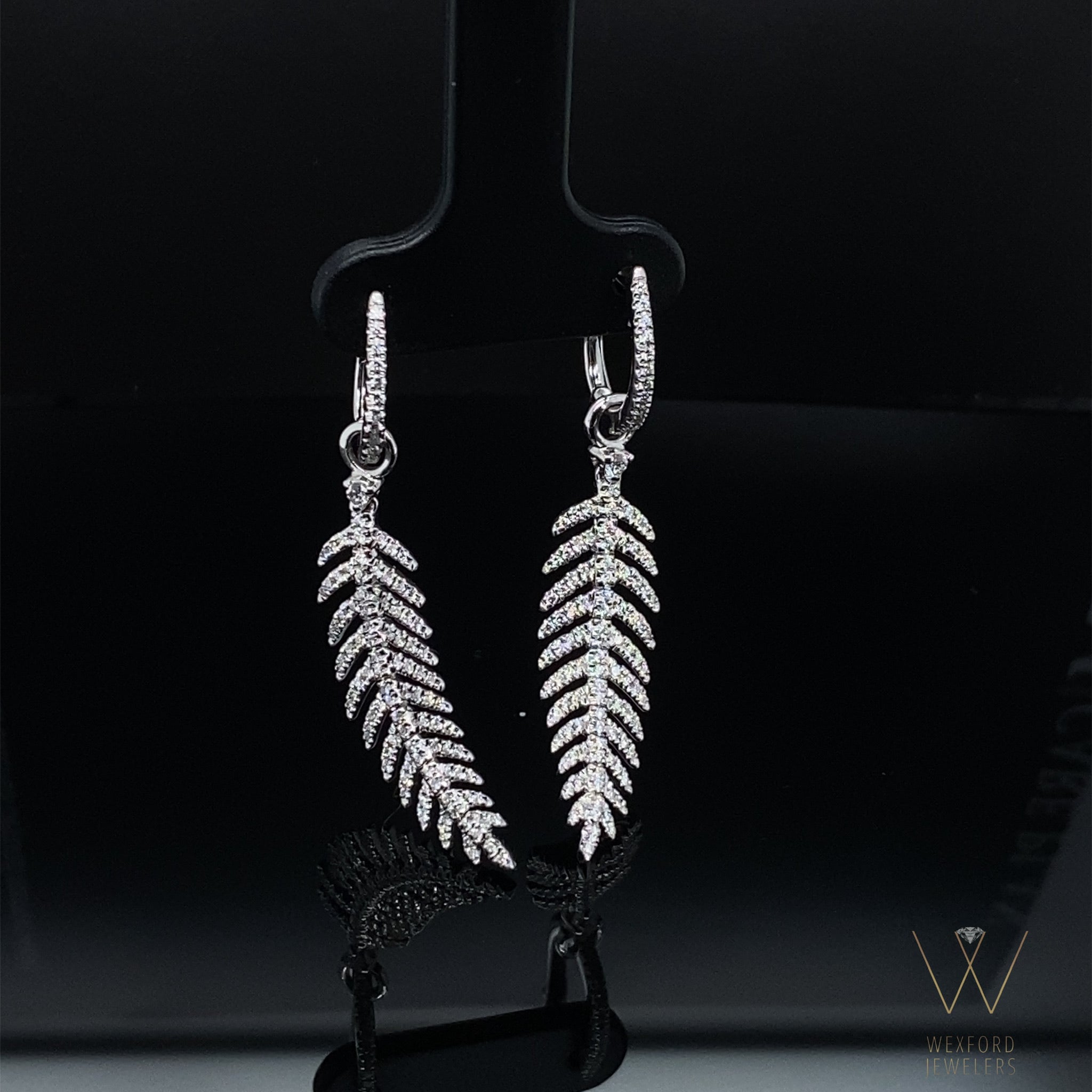 .63CT Dangling Diamond Feather Earrings 18k White Gold