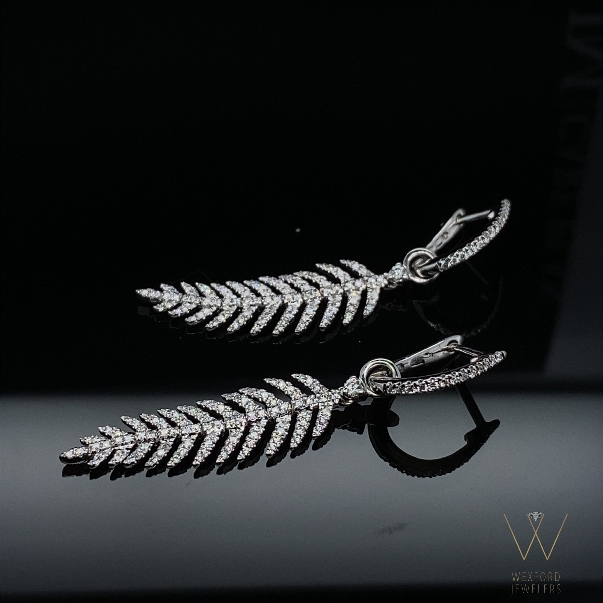 .63CT Dangling Diamond Feather Earrings 18k White Gold