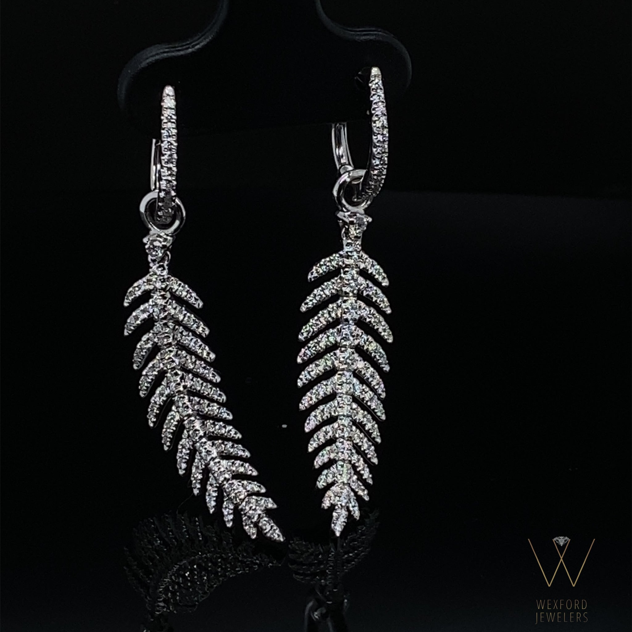 .63CT Dangling Diamond Feather Earrings 18k White Gold