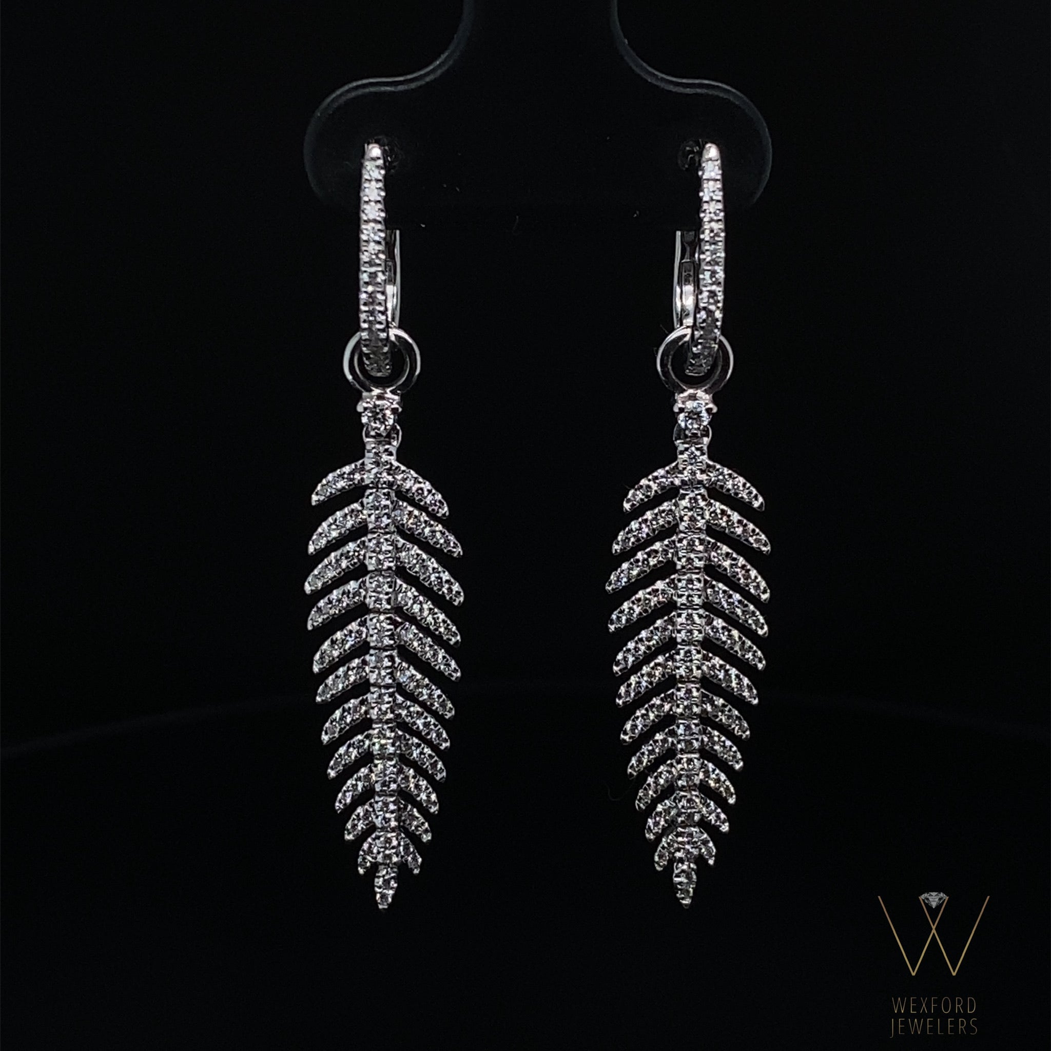 .63CT Dangling Diamond Feather Earrings 18k White Gold