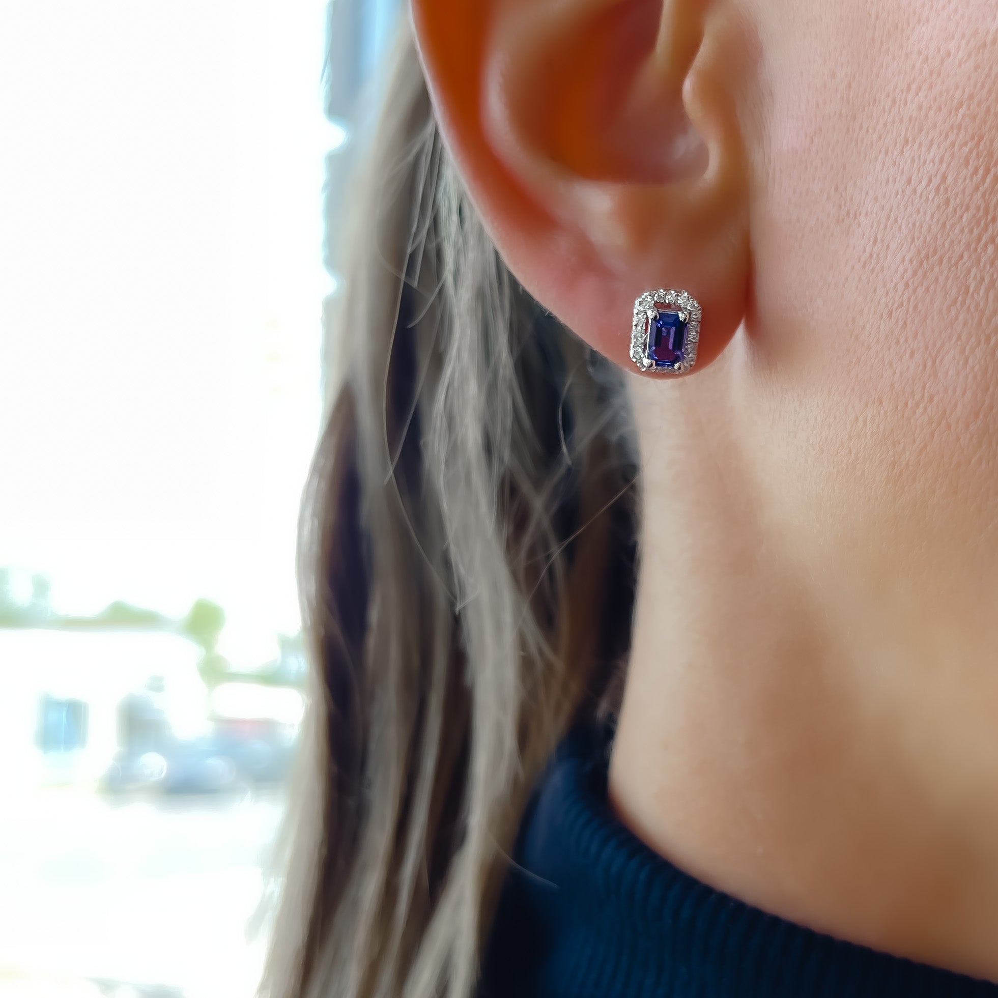 Emerald Cut Tanzanite & Diamond Halo Stud Earrings White Gold