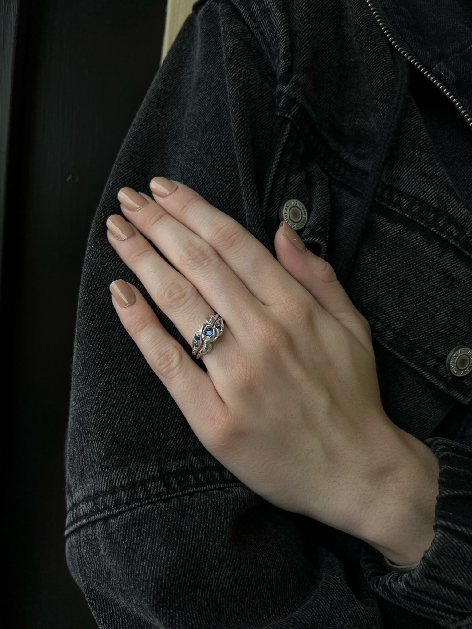 Prize Tea Rose Wedding Set Sterling Silver and Blue Lab Sapphire