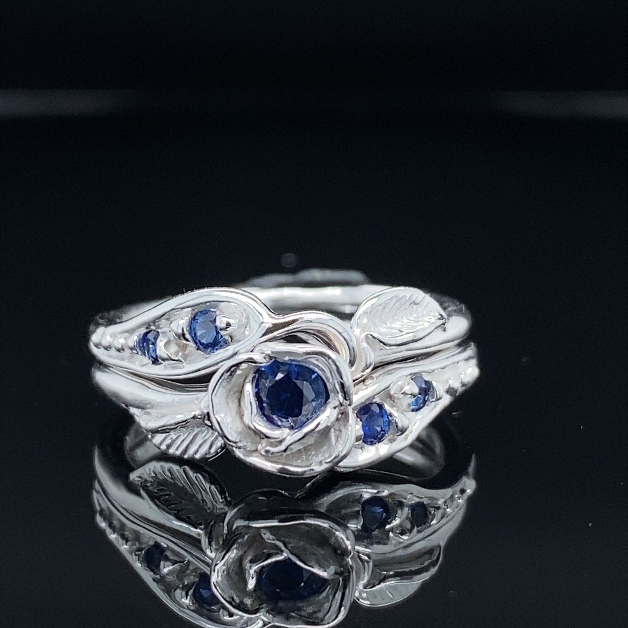 Prize Tea Rose Wedding Set Sterling Silver and Blue Lab Sapphire