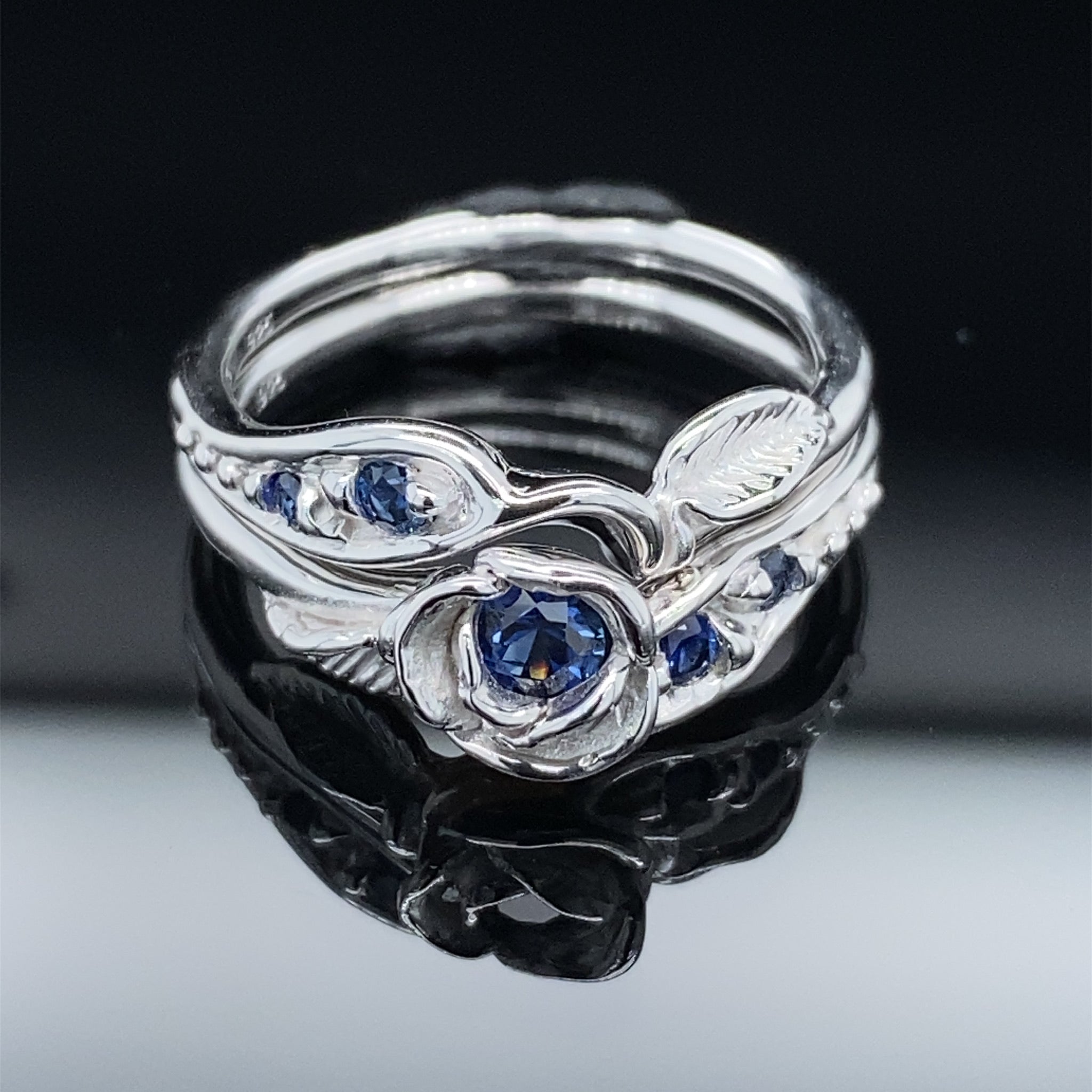 Prize Tea Rose Wedding Set Sterling Silver and Blue Lab Sapphire