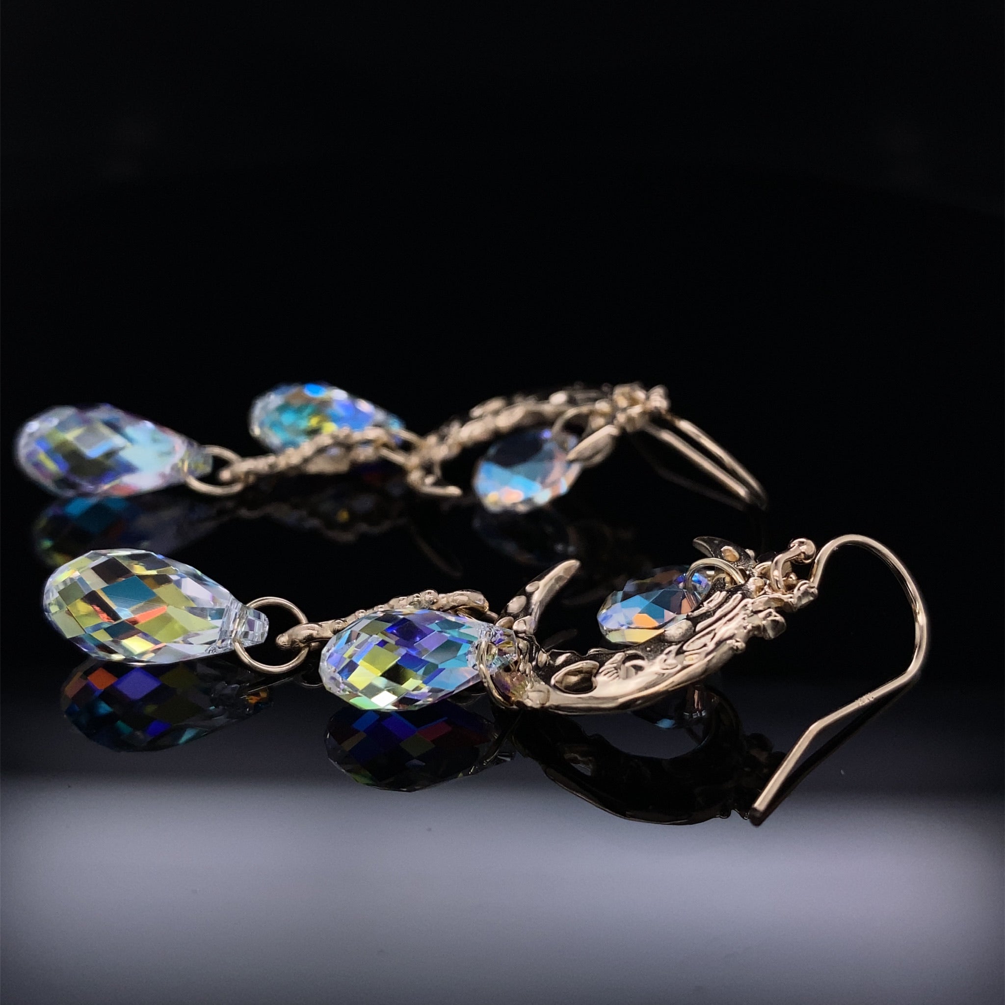 Rose Gold Crystal Dangle Earrings, Pink Moon