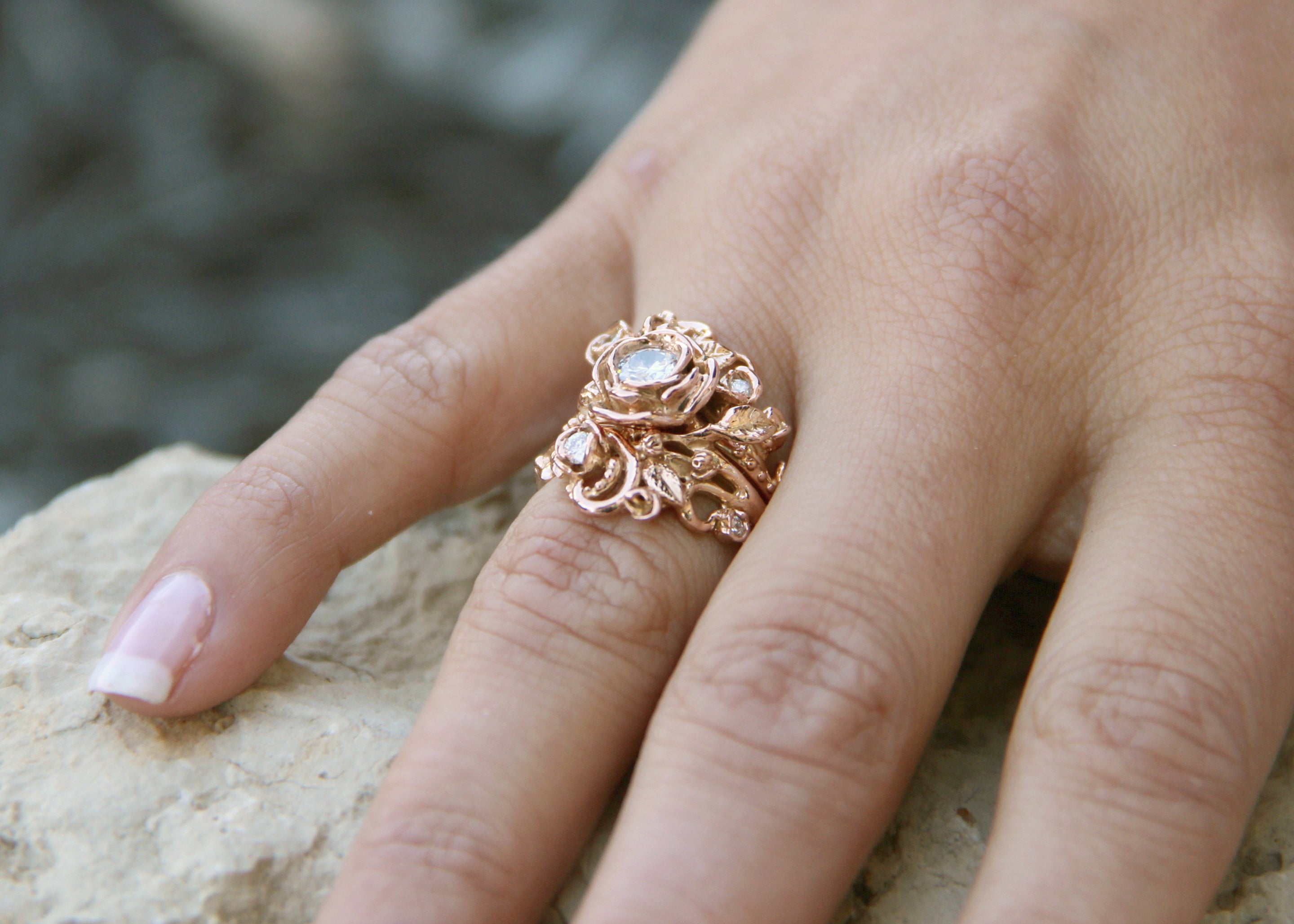 Moissanite Yellow Gold Wedding Set, Jane Rose Ring