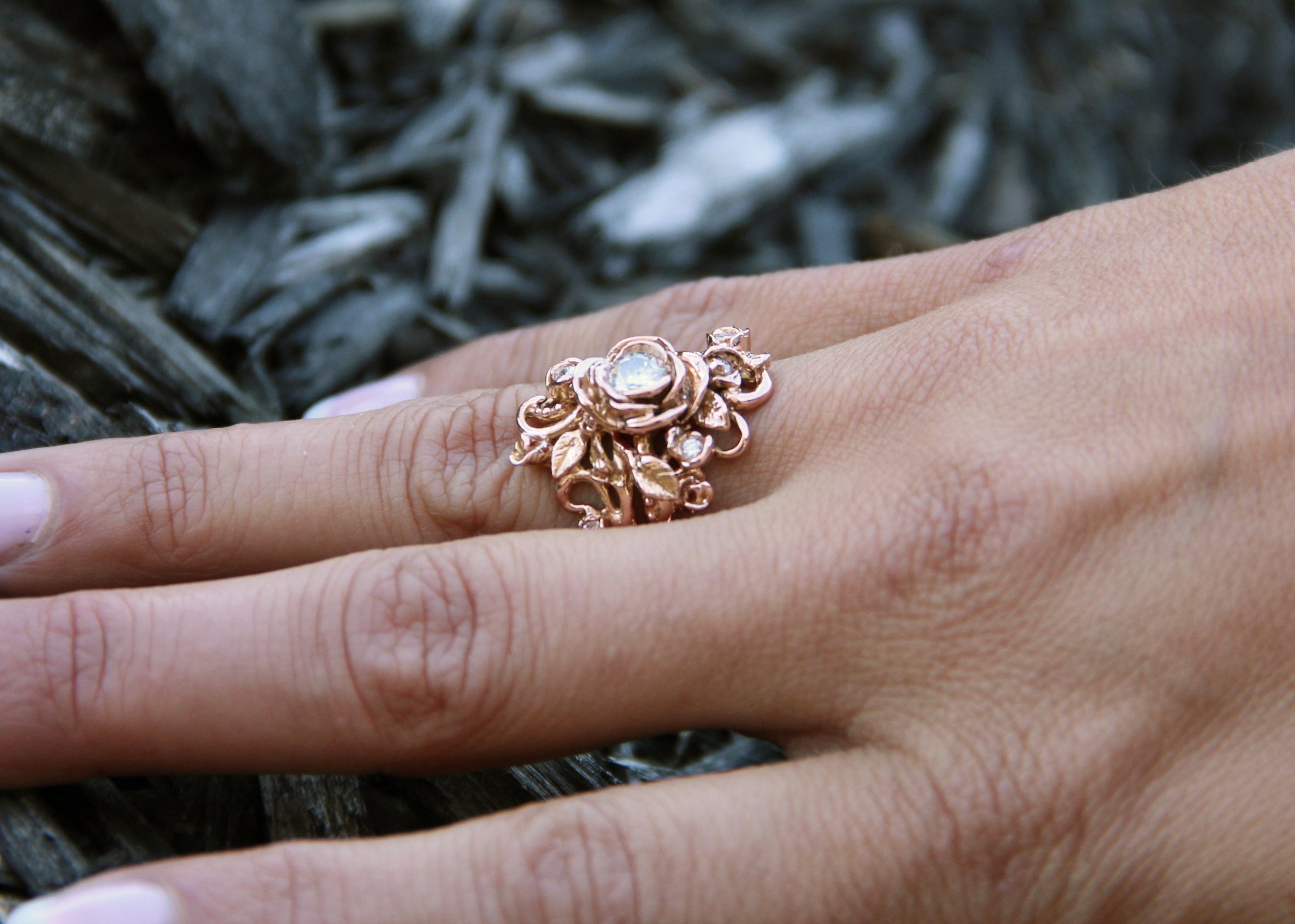 Moissanite Yellow Gold Wedding Set, Jane Rose Ring