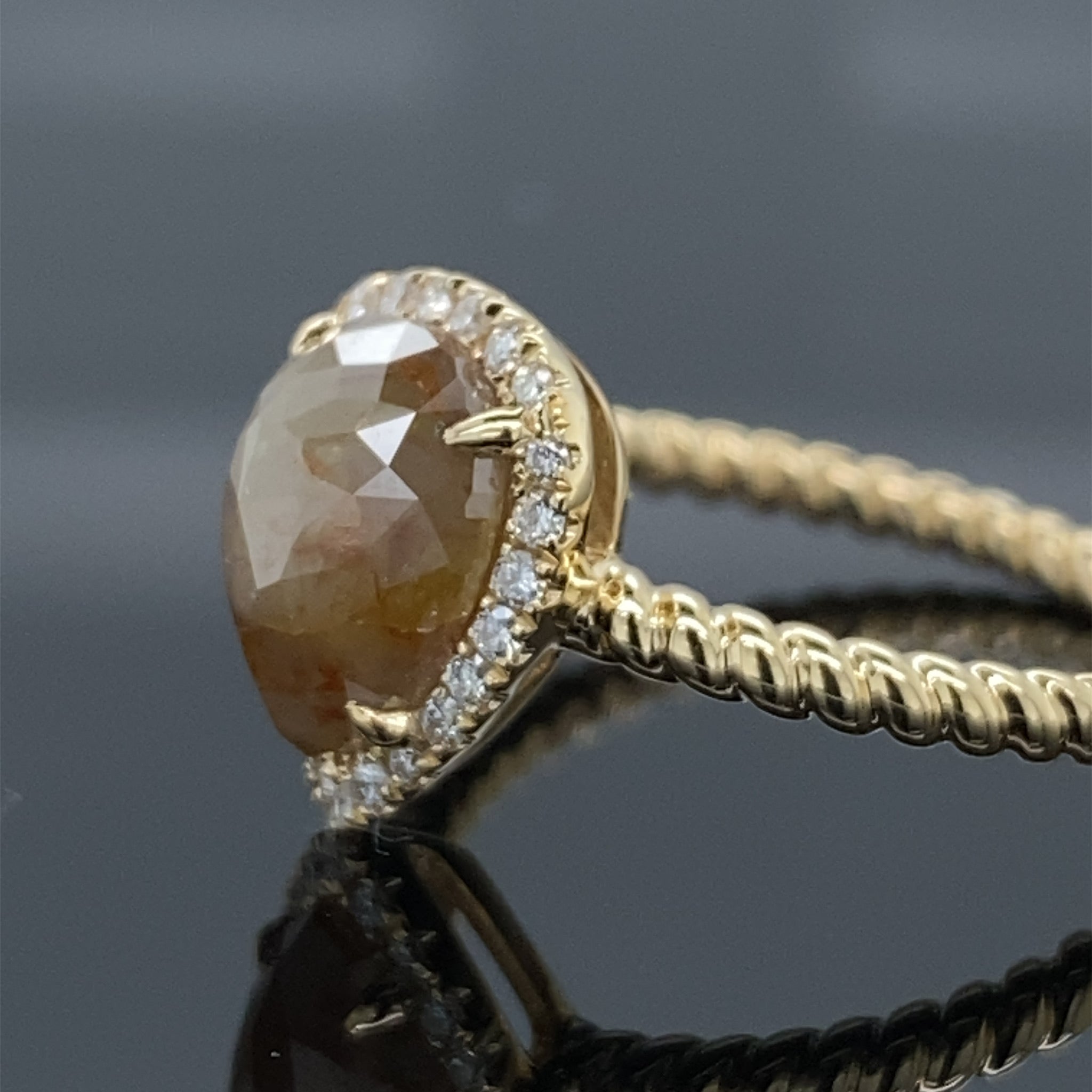 1.88ct Silvery Butterscotch Rough Rose Cut Pear Diamond Halo Engagement Ring 14k Yellow Gold