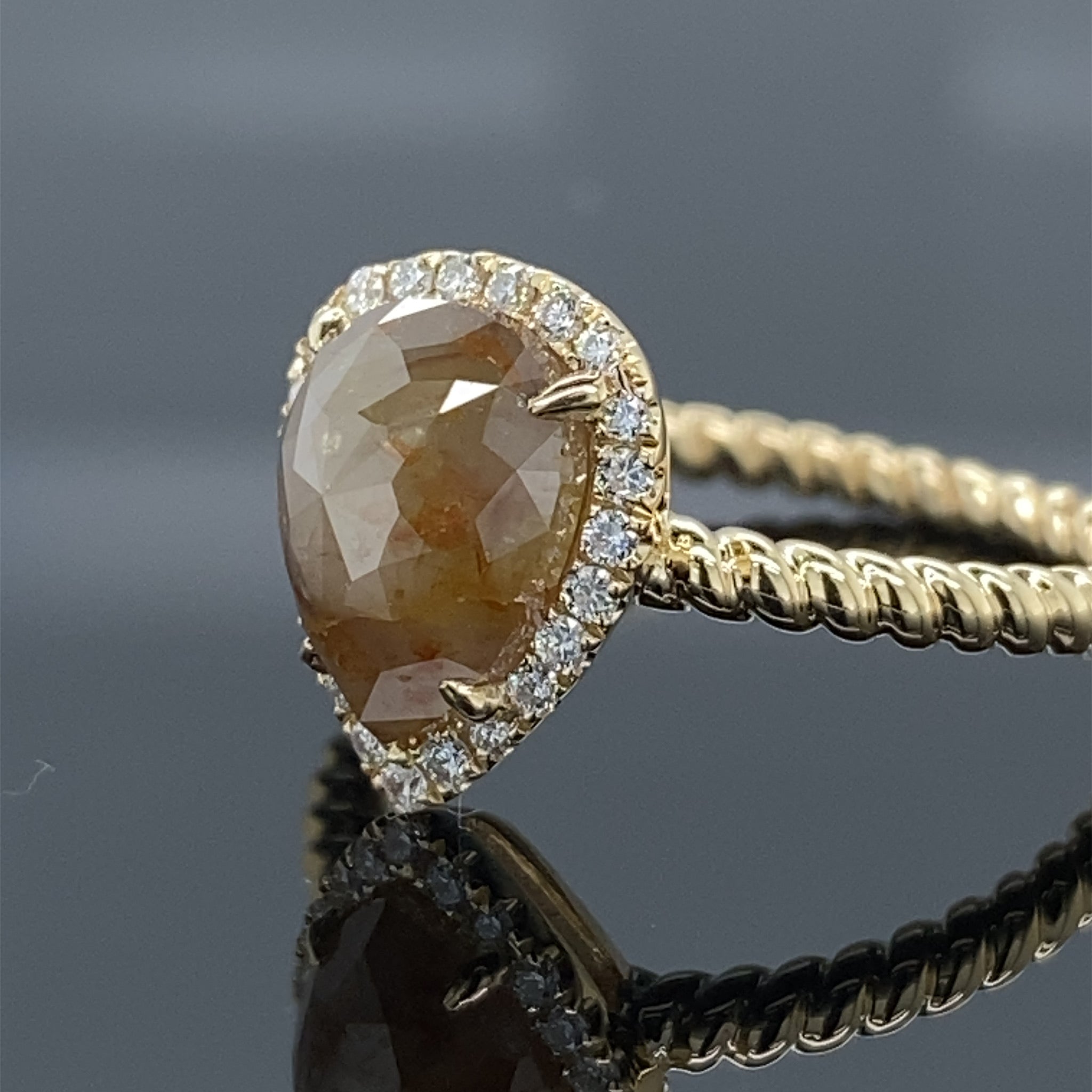 1.88ct Silvery Butterscotch Rough Rose Cut Pear Diamond Halo Engagement Ring 14k Yellow Gold