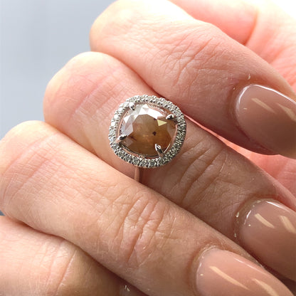 2.18CT Sunstruck Rough Rose Cut Diamond Halo Engagement Ring 14k White Gold 2.35ct Total Diamond Weight