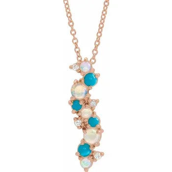 14KR Natural Ethiopian Opal Turquoise & .03 CTW Natural Diamond 16-18" Necklace