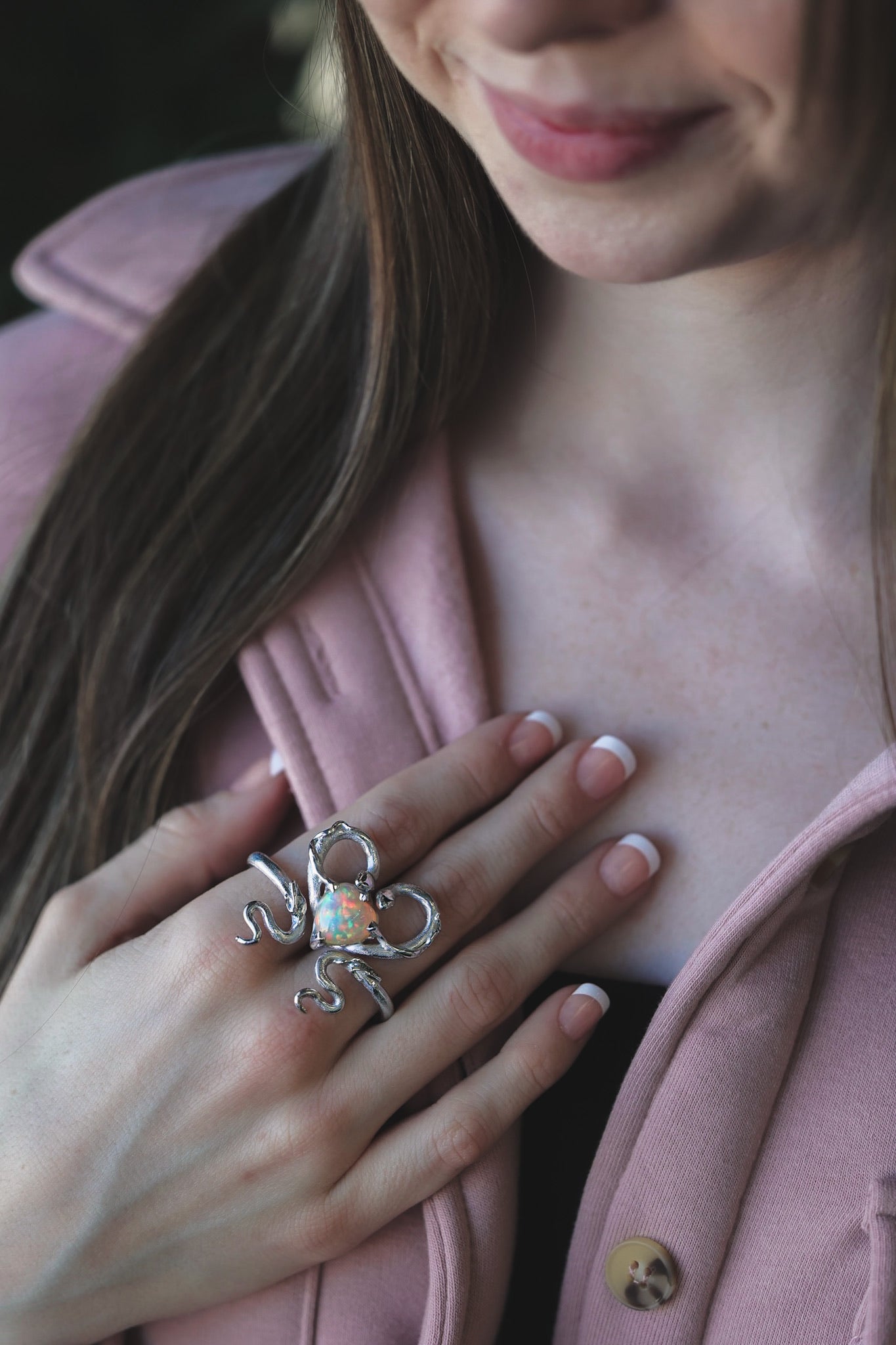 Heart Opal Two Finger Snake Ring