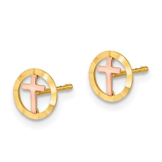 14k Two Tone Faceted Cross Halo Earrings