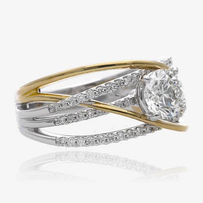 Side view of half inch wide ring, crafted in interwoven yellow and white gold. The white gold lines are studded with small diamonds all down the band. Central larger diamond sits on top of the ring.