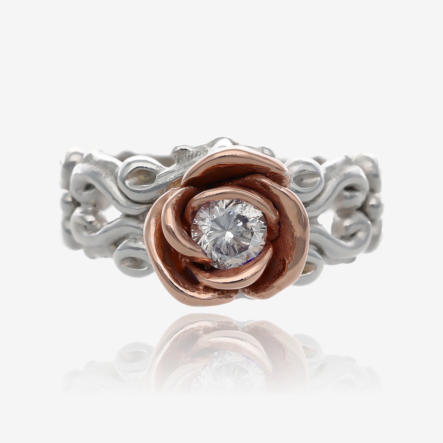 0.41ct Two Tone Rose, White Gold Diamond Ring, Victorian a la Rose