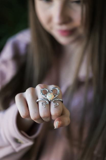 Heart Opal Two Finger Snake Ring