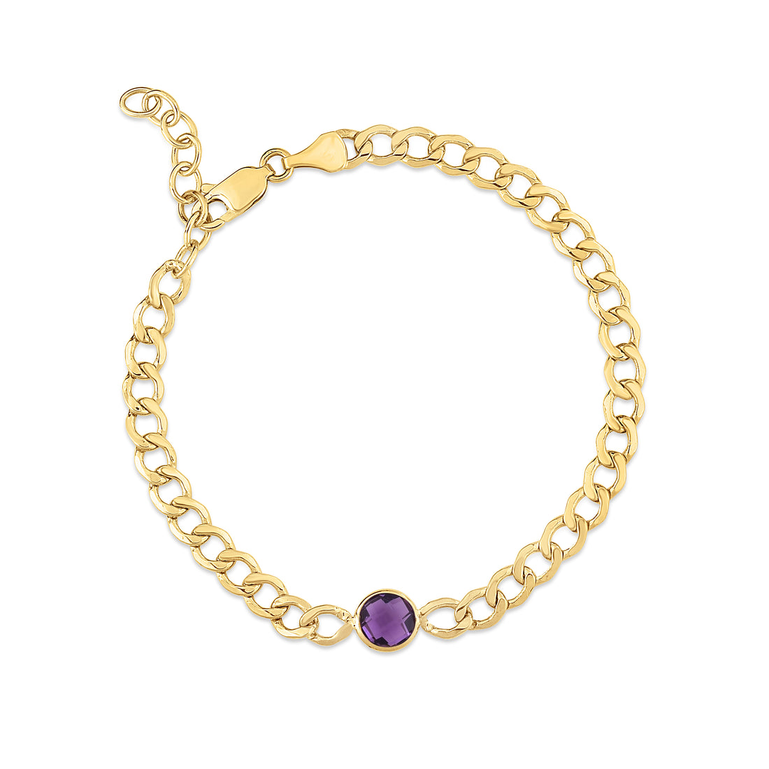 Bezeled Amethyst Curb Chain Gold Bracelet