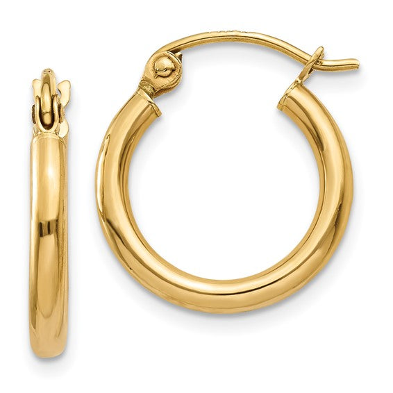 14K Yellow Gold 15mm Polished 2mm Tube Hoop Earrings