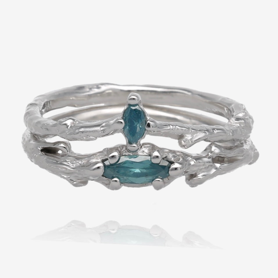 Blue Branches White Gold Wedding Set with Blue Marquise Diamonds