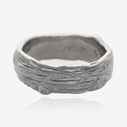 Knotted Tree Bark Textured Silver Domed Band