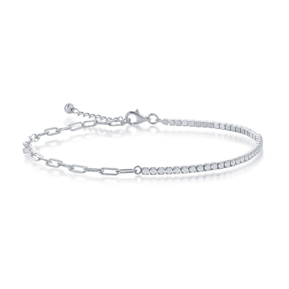 Sterling Silver 2mm Half Tennis &amp; 3.5mm Paperclip Anklet