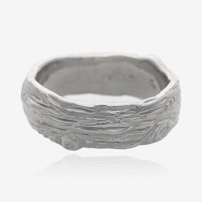 Knotted Tree Bark Textured Silver Domed Band