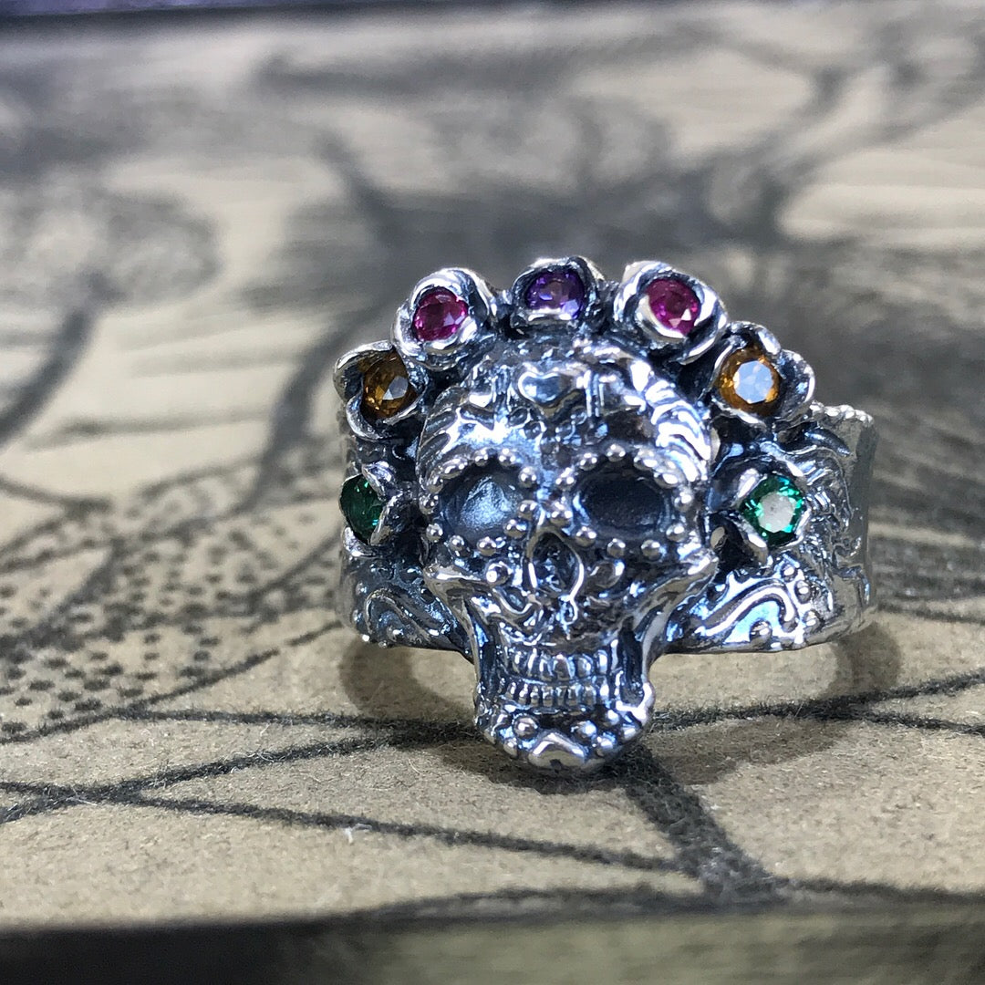 Silver Multi Gemstone Ring, Sugar Skull Calavera Crown