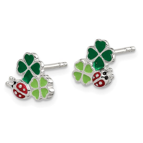 Ladybug and Clovers Enamel Sterling Silver Earrings