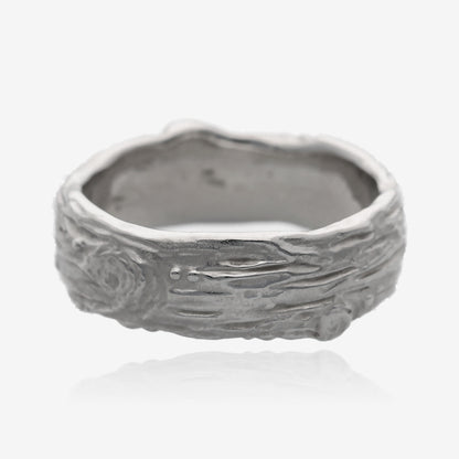 Knotted Tree Bark Textured Silver Domed Band