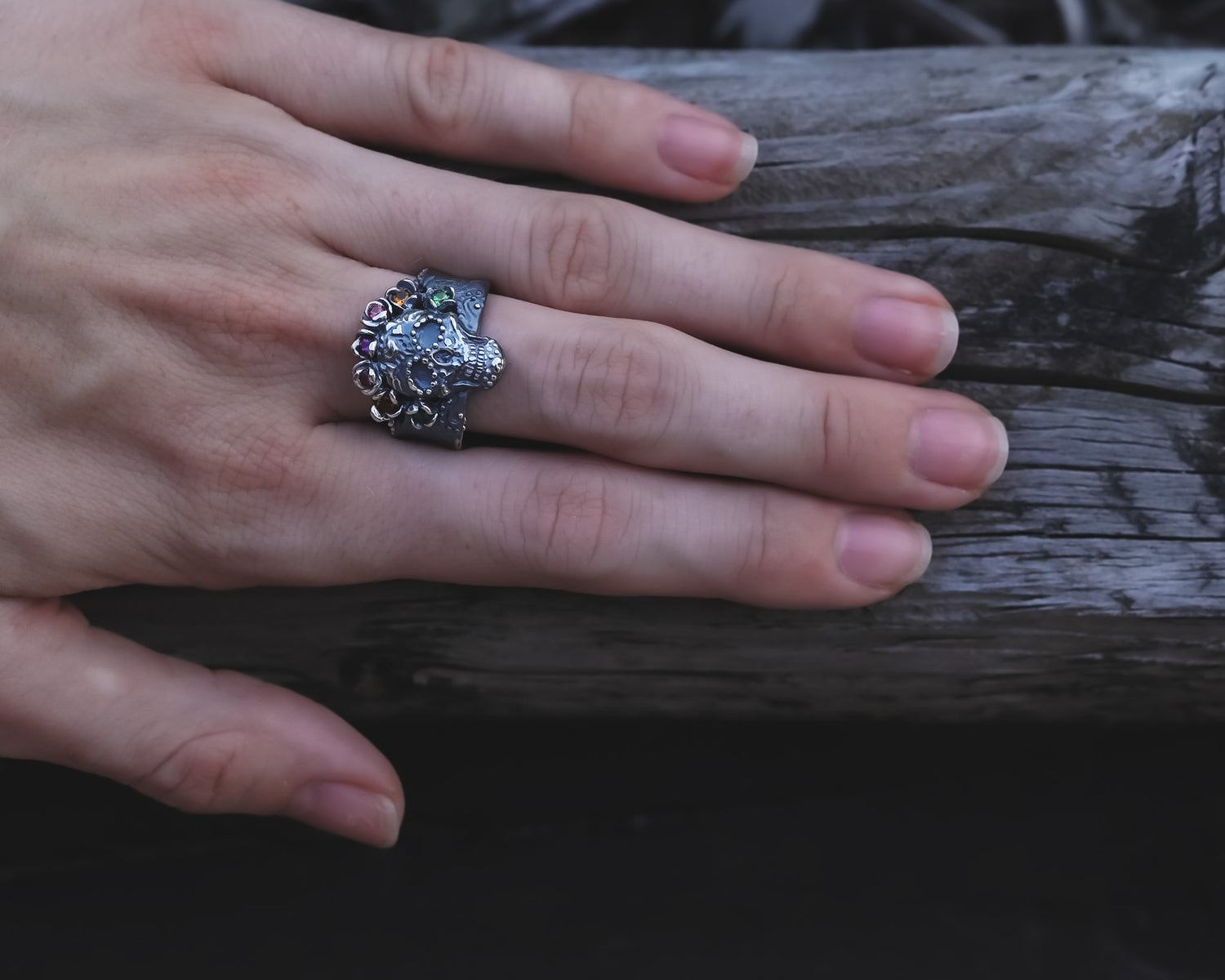 Silver Multi Gemstone Ring, Sugar Skull Calavera Crown