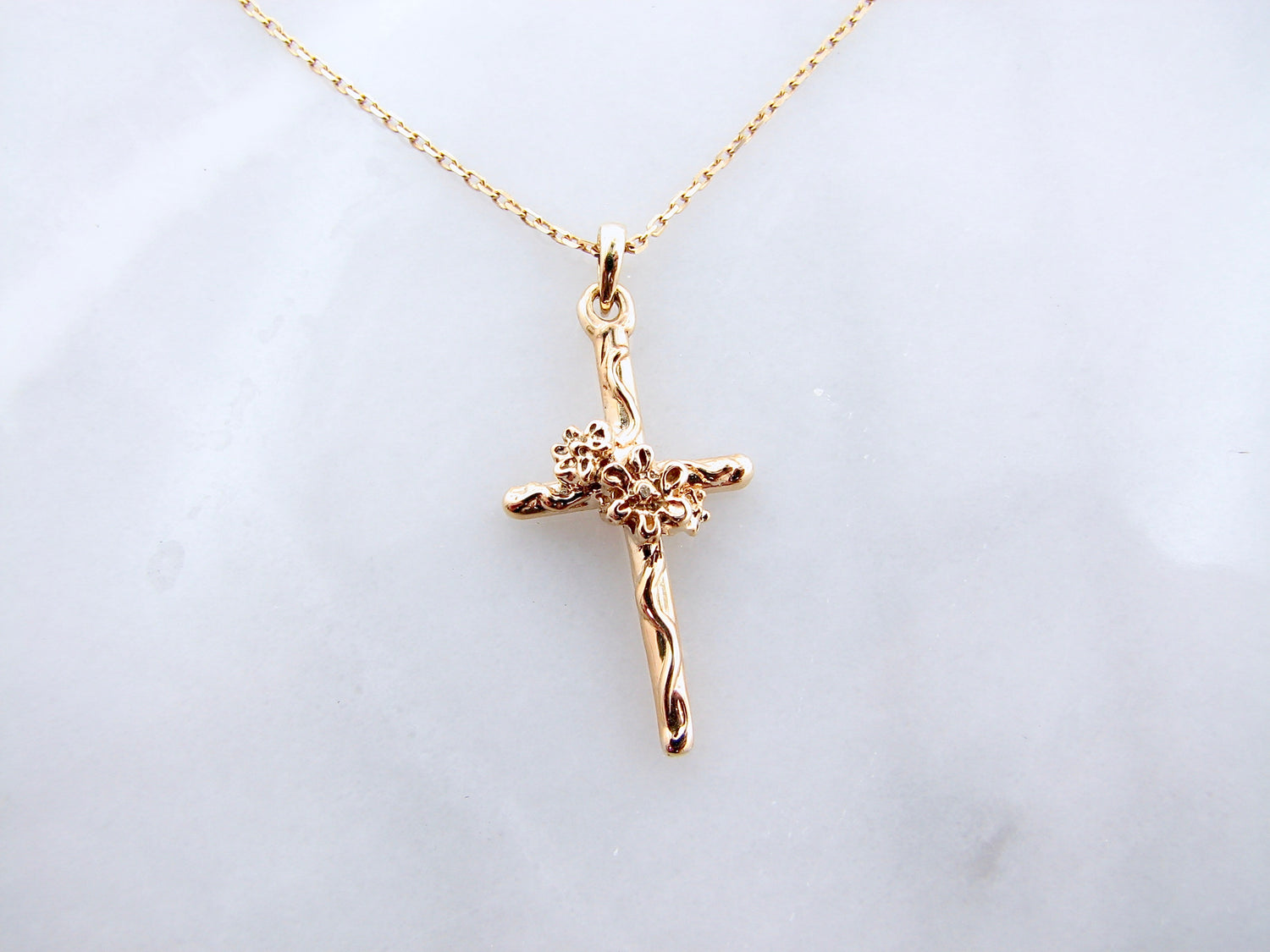 Yellow Gold Cross Necklace, Daisy Vine