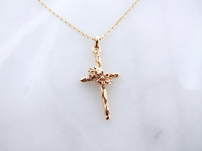 Yellow Gold Cross Necklace, Daisy Vine