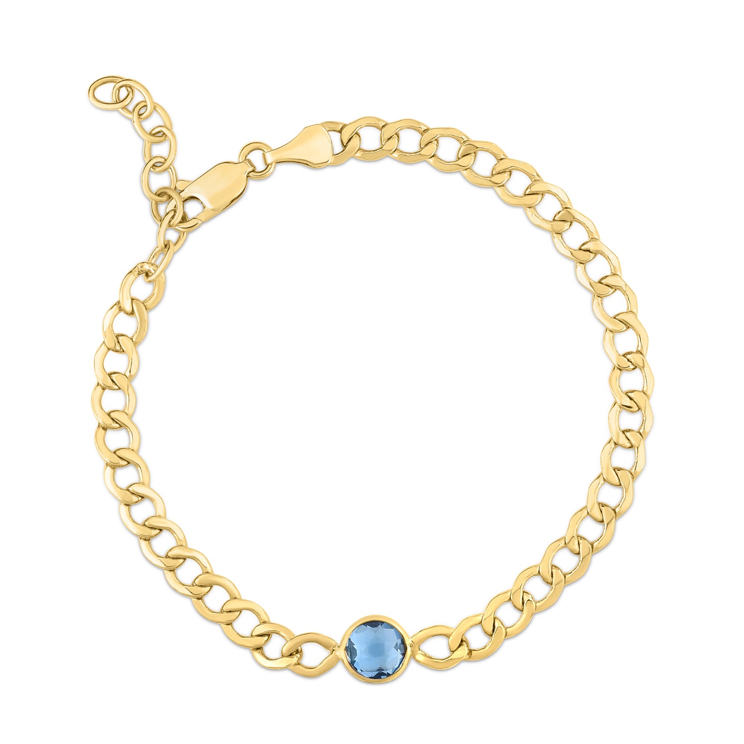 Bezeled Blue Topaz Curb Chain Gold Bracelet