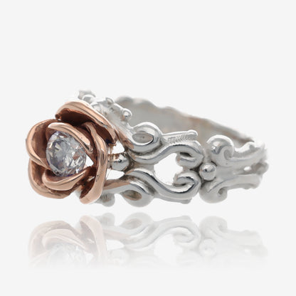 0.41ct Two Tone Rose, White Gold Diamond Ring, Victorian a la Rose