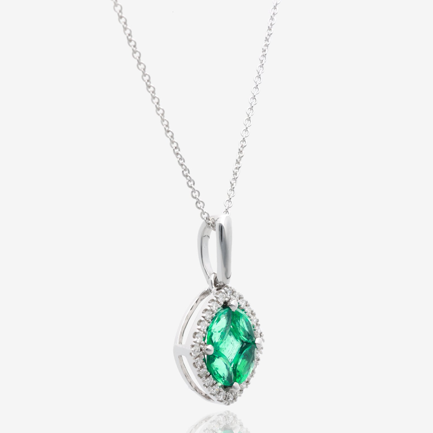 14K White Gold Radiant Clover Emerald and Diamond Pendant