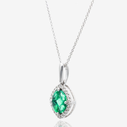14K White Gold Radiant Clover Emerald and Diamond Pendant